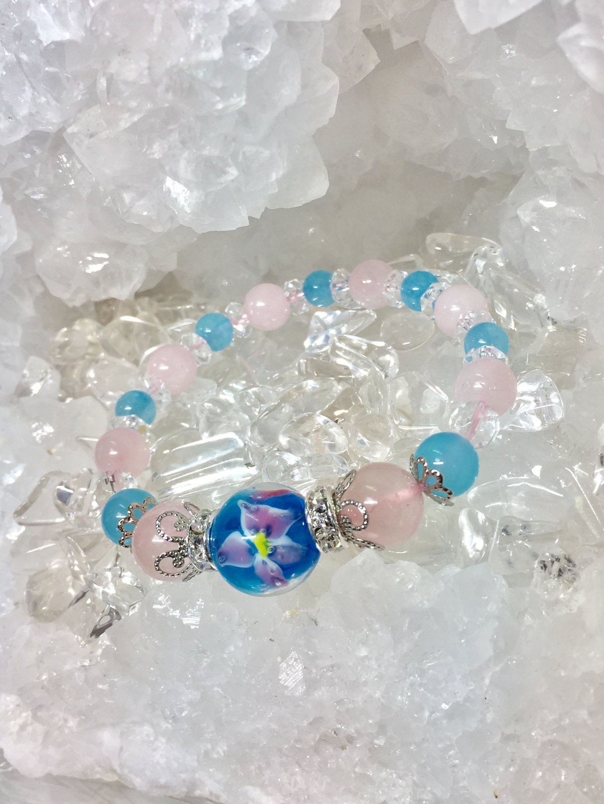 シーブルーカルセドニー トンボ玉 水中花 天然石ブレスレット 
