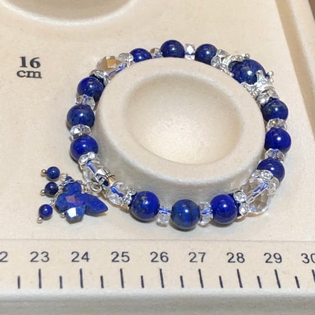 ラピスラズリ 天然石 64面カット水晶  約10㎜ 蝶々ブレスレット