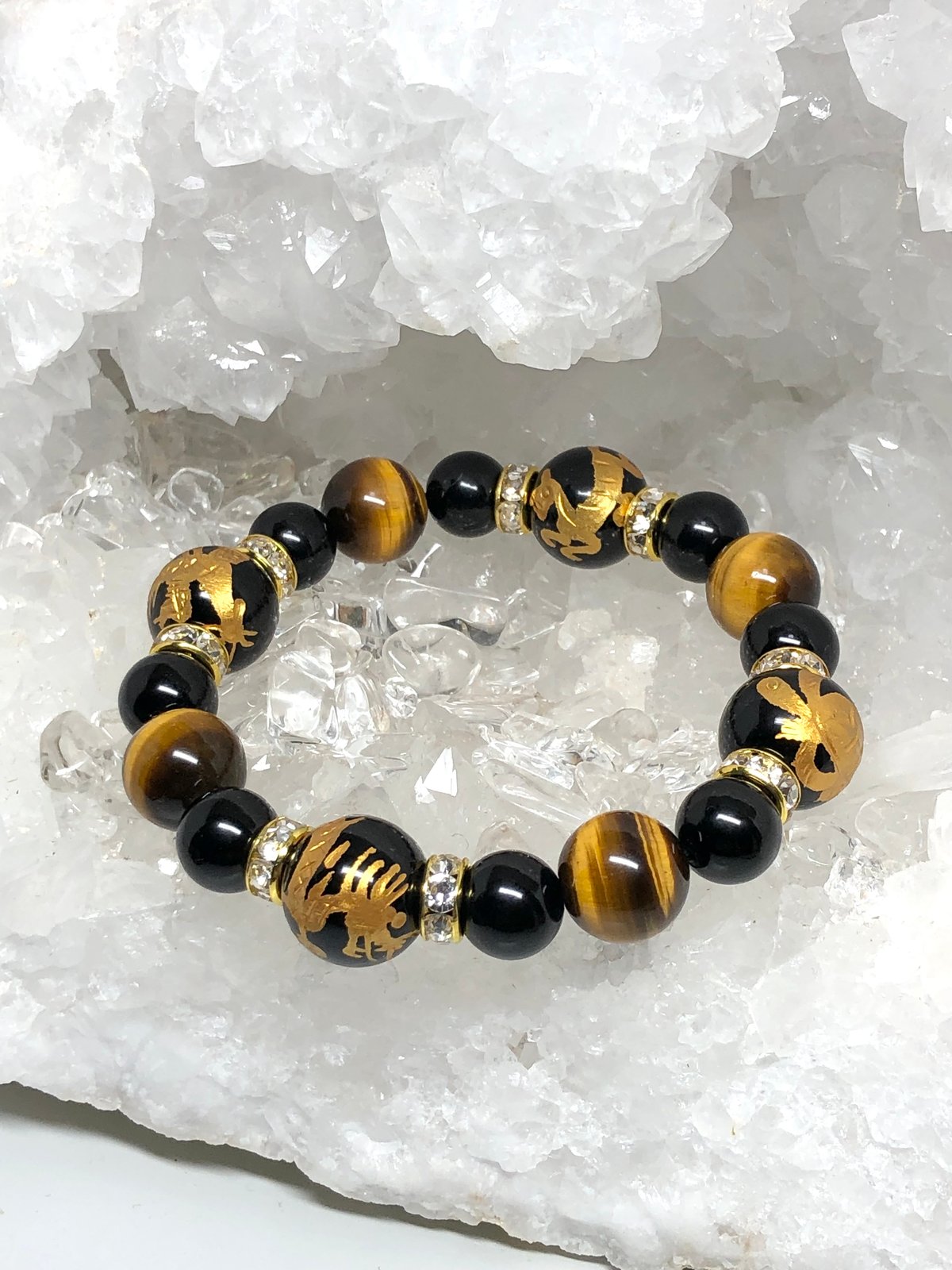 四神獣 金色彫り オニキス タイガーアイ 天然石ブレスレット