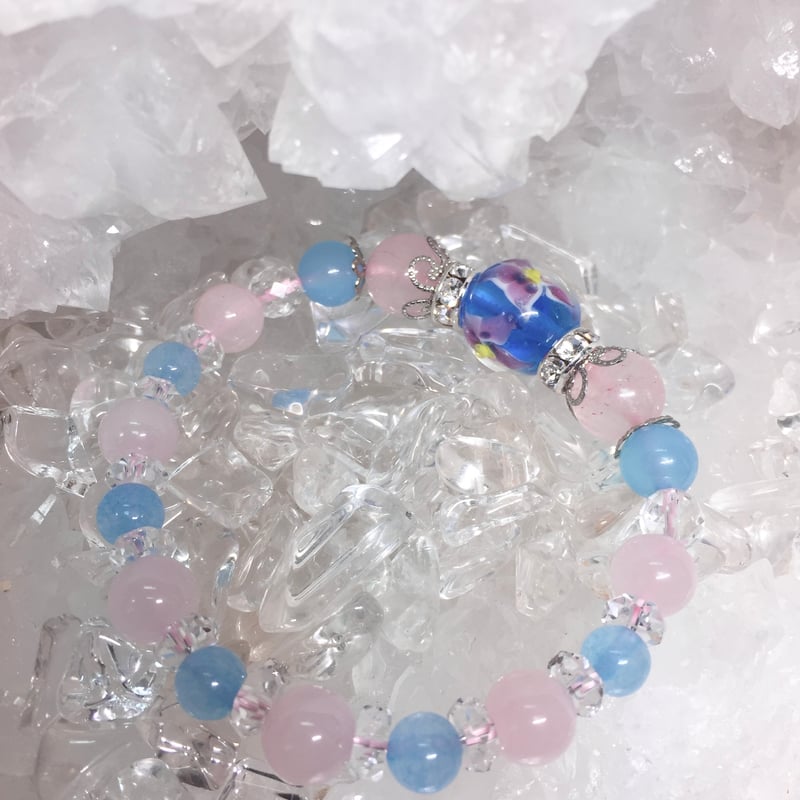 シーブルーカルセドニー トンボ玉 水中花 天然石ブレスレット
