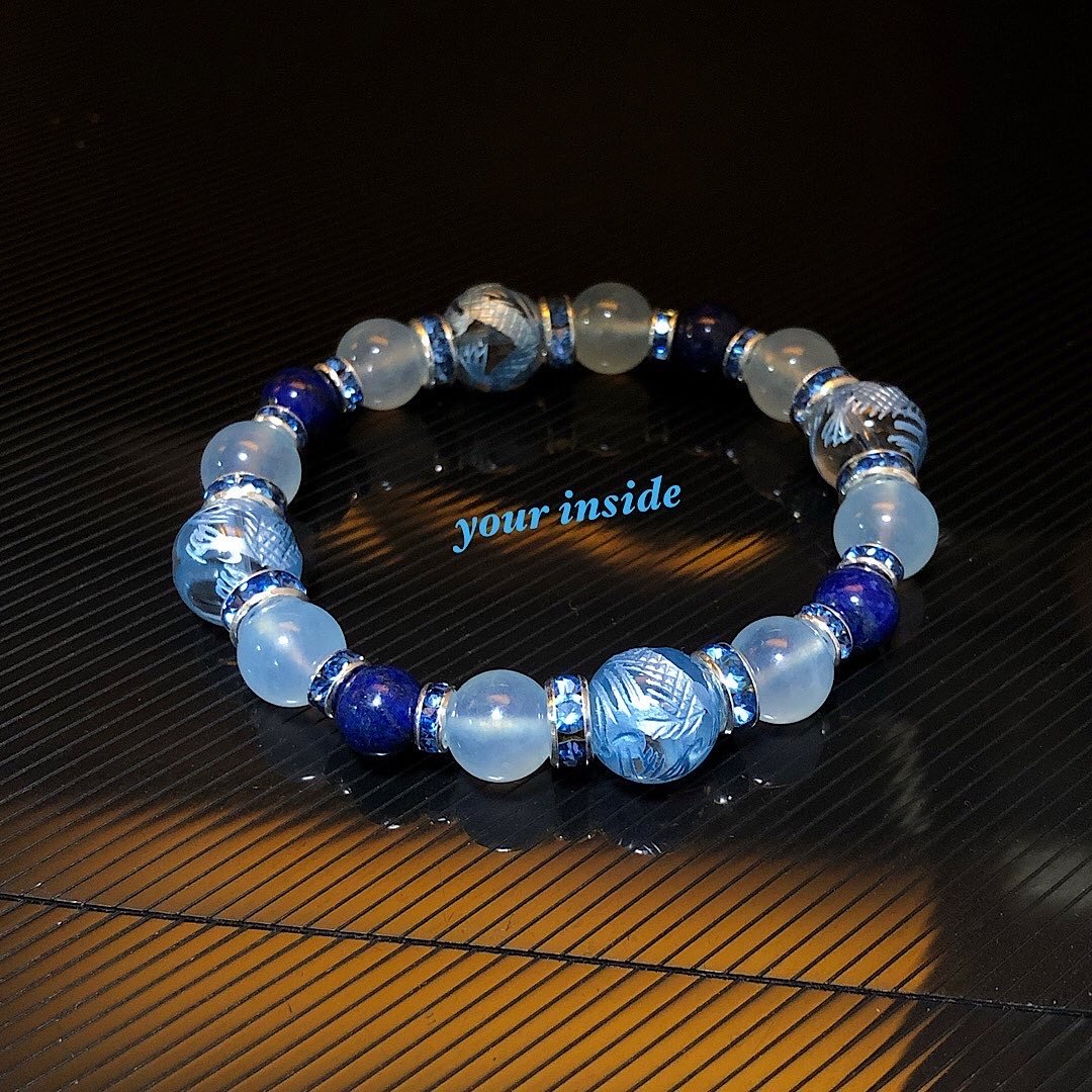 ライトブルー 龍彫り水晶 ラピスラズリ 天然石ブレスレット