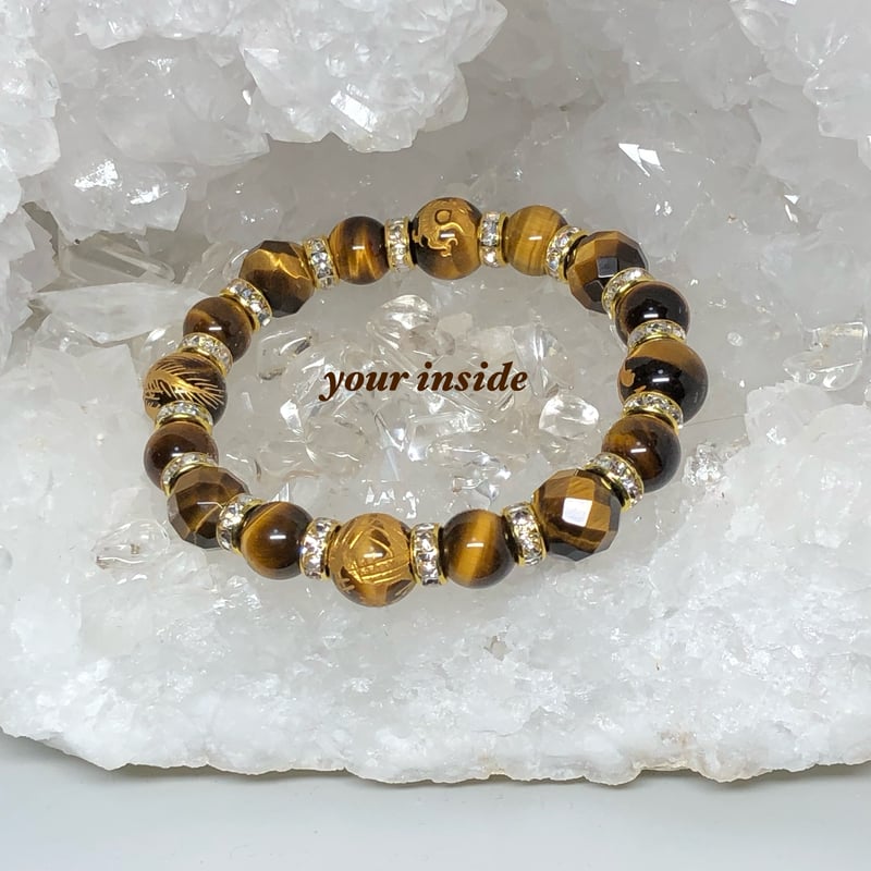 四神獣 タイガーアイ 64面カット 金色彫り 天然石ブレスレット