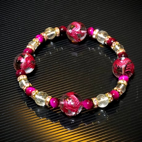 ワインレッド 龍彫り水晶 ルチルクォーツ ピンクタイガーアイ 天然石ブレスレット
