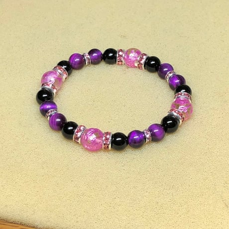四神獣水晶 ピンク パープル 彫り パープルカラータイガーアイ 天然石ブレスレット