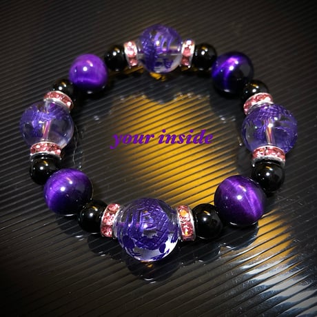 紫 龍彫り水晶 パープルカラータイガーアイ 天然石ブレスレット