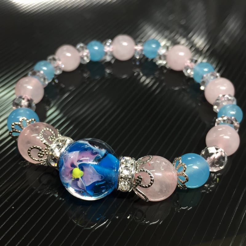 中国翡翠＆ブルーカルセドニー入り　９mm玉ブレスレット　富と繁栄と運を貴方に 癒しと愛情の天然石ブレス♡ブルーカルセドニー×翡翠×シトリン 水晶