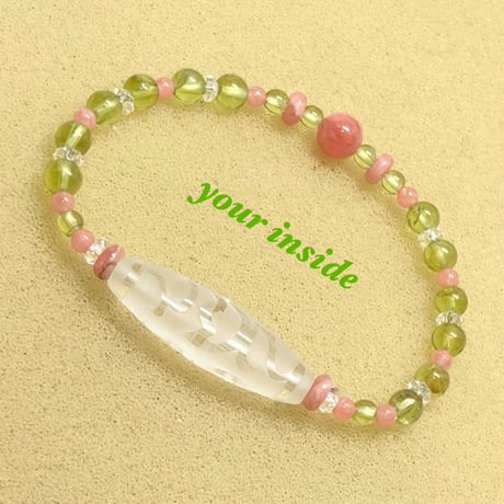 水蓮花天珠型 水晶 インカローズ ペリドット 天然石ブレスレット