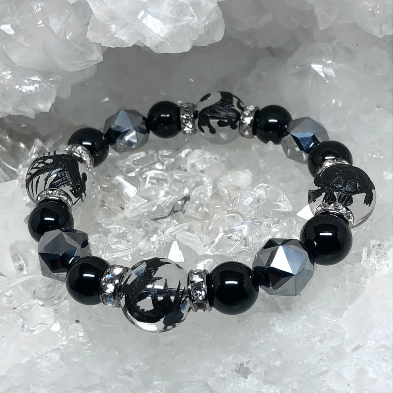 四神獣 黒彫り水晶 テラヘルツ鉱石 天ブレスレット | 💎 天然石