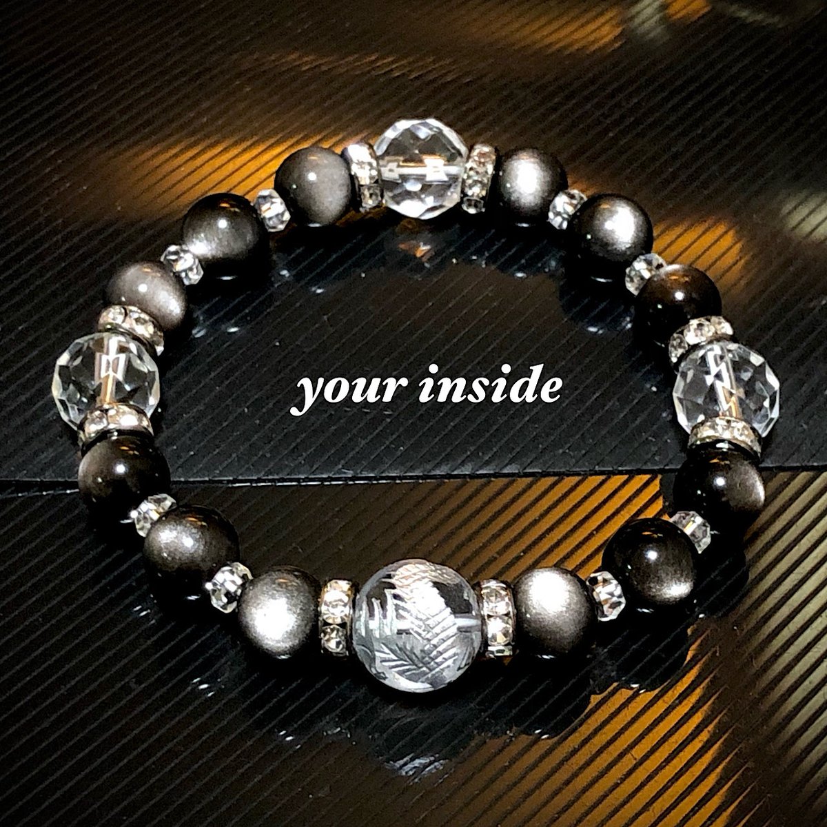 銀色 龍彫り水晶 シルバーオブシディアン 黒曜石 天然石ブレスレット