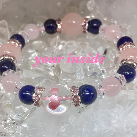 ラピスラズリ ピンク彫りハート柄水晶 天然石ブレスレット