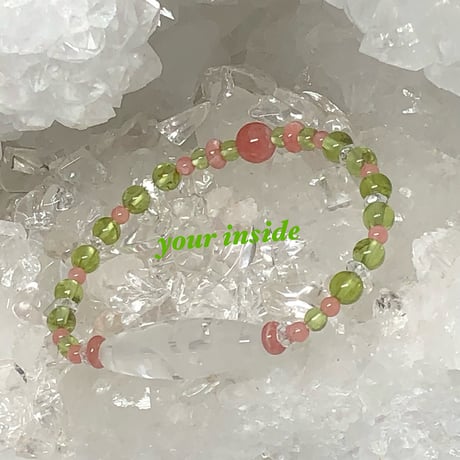 水蓮花天珠型 水晶 インカローズ ペリドット 天然石ブレスレット