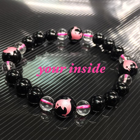 ピンク彫り イルカ オニキス 天然石ブレスレット