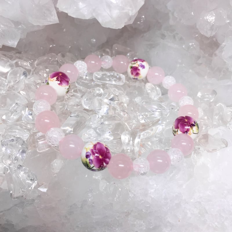 ローズクォーツ トンボ玉 フラワー 天然石ブレスレット | 💎 天然石