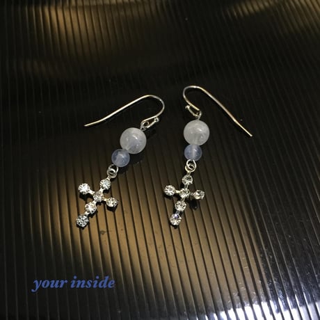 ムーンストーン ブルーカルセドニー 十字架 天然石ピアス