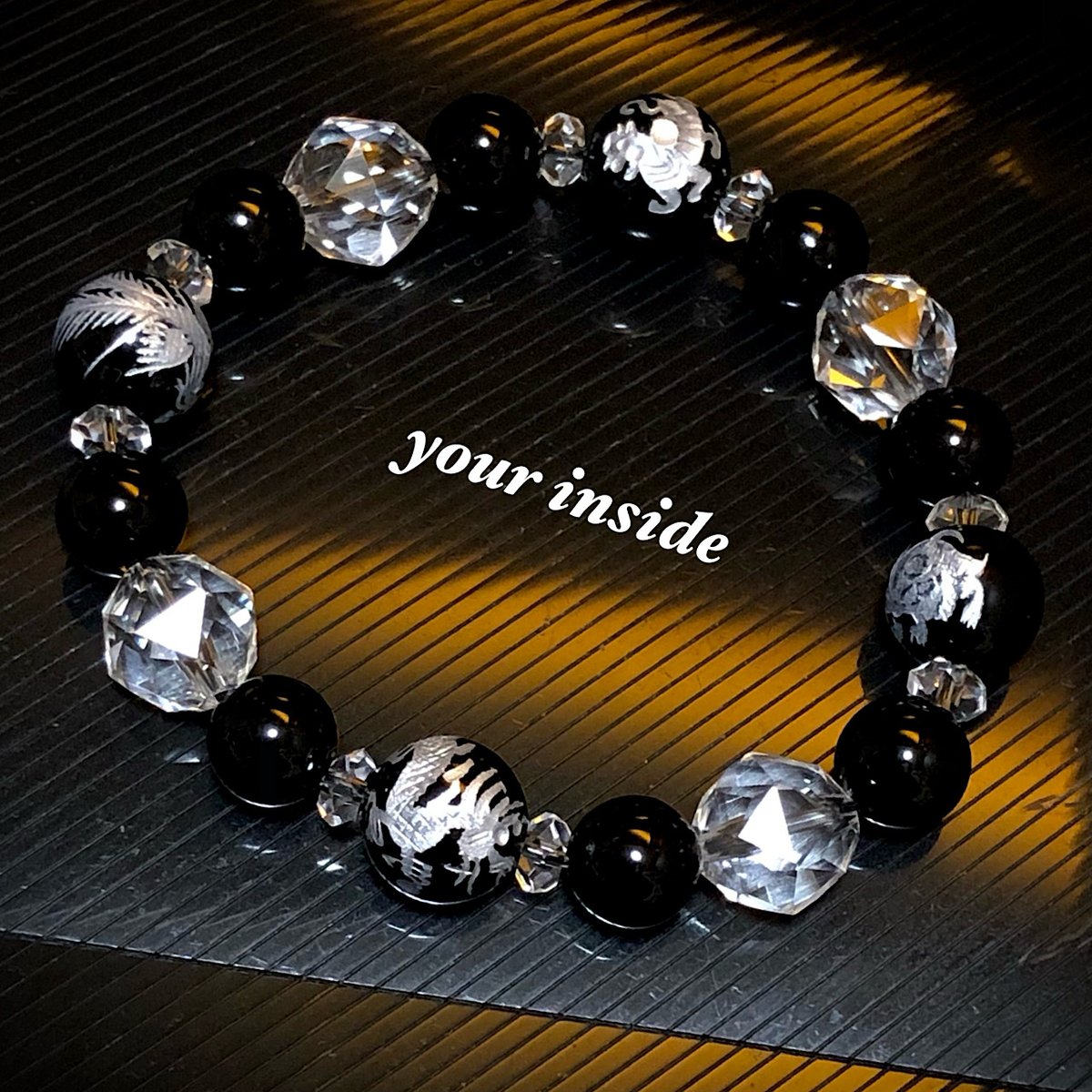 オニキス 魔除け 銀龍 ブレスレット カット水晶 四神獣 オニキス 銀彫り スターカット水晶 天然石ブレスレット