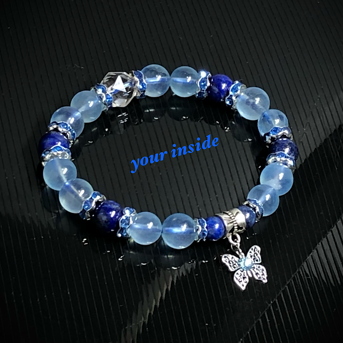 アクアマリン ラピスラズリ デザイン 天然石 蝶々ブレスレット