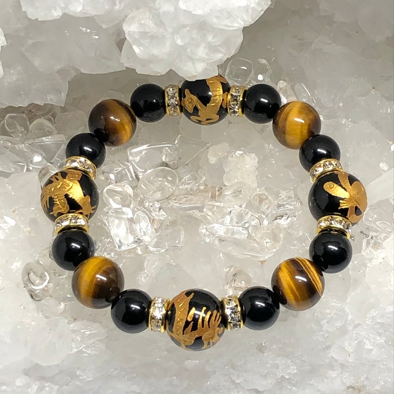 四神獣 金色彫り オニキス タイガーアイ 天然石ブレスレット