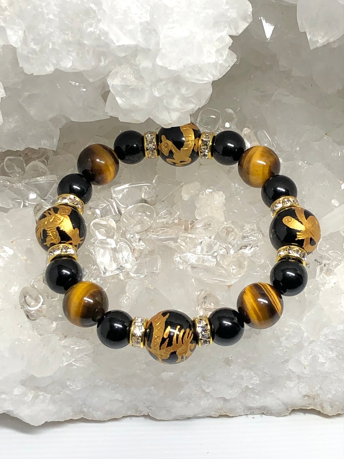四神獣 金色彫り オニキス タイガーアイ 天然石ブレスレット