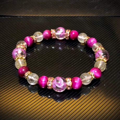四神獣水晶 ピンクパープル彫り ルチルクォーツ ピンクタイガーアイ 天然石ブレスレット