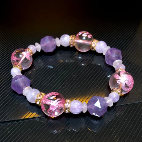 四神獣 水晶 ピンク彫り スターカット ラベンダーアメジスト 天然石ブレスレット