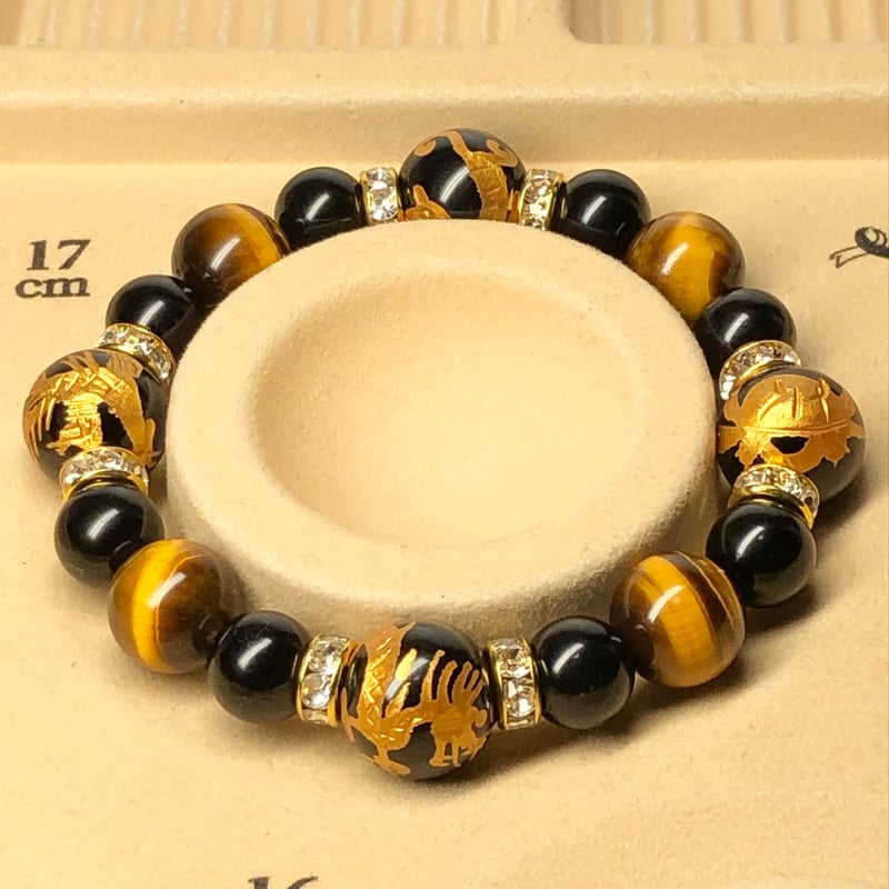 四神獣 金色彫り オニキス タイガーアイ 天然石ブレスレット