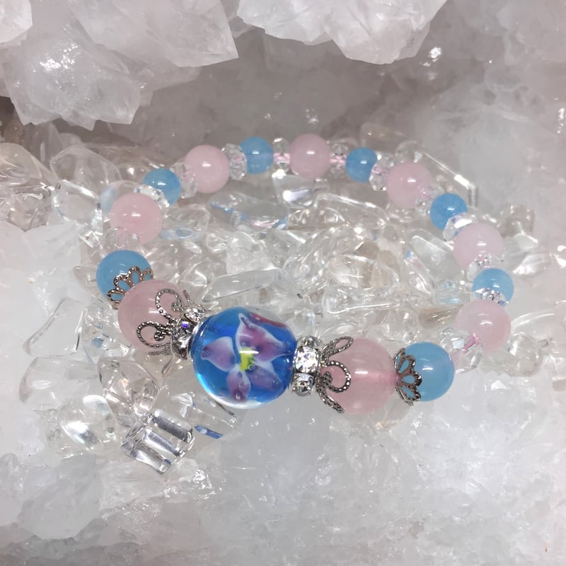 シーブルーカルセドニー トンボ玉 水中花 天然石ブレスレット