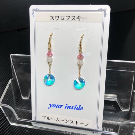 スワロフスキー アクアマリン トランスミッション ブルームーンストーン 天然石 ピアス