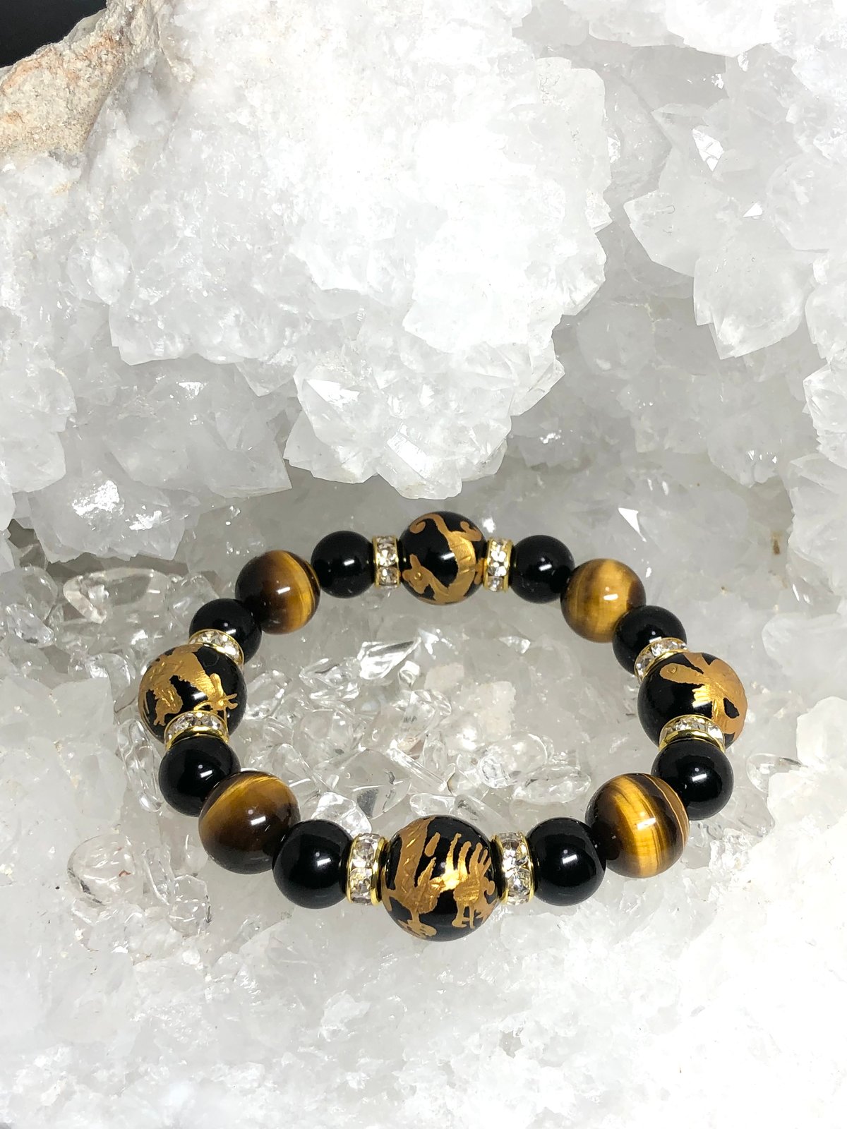 四神獣 金色彫り オニキス タイガーアイ 天然石ブレスレット