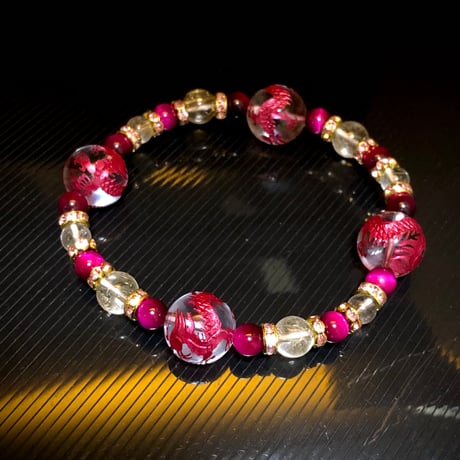 ワインレッド 龍彫り水晶 ルチルクォーツ ピンクタイガーアイ 天然石ブレスレット