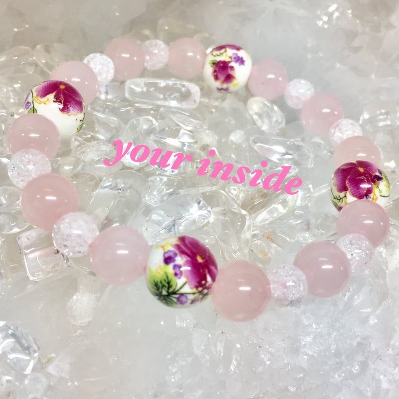 ローズクォーツ トンボ玉 フラワー 天然石ブレスレット | 💎 天然石