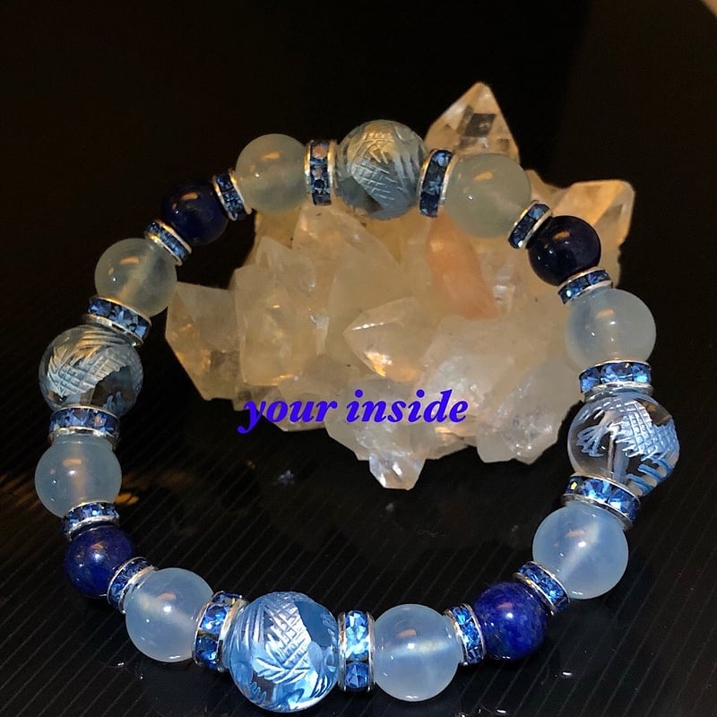 ライトブルー 龍彫り水晶 ラピスラズリ 天然石ブレスレット