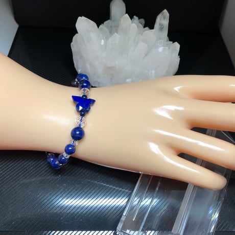 ラピスラズリ 天然石 64面カット水晶  約6㎜ 蝶々ブレスレット