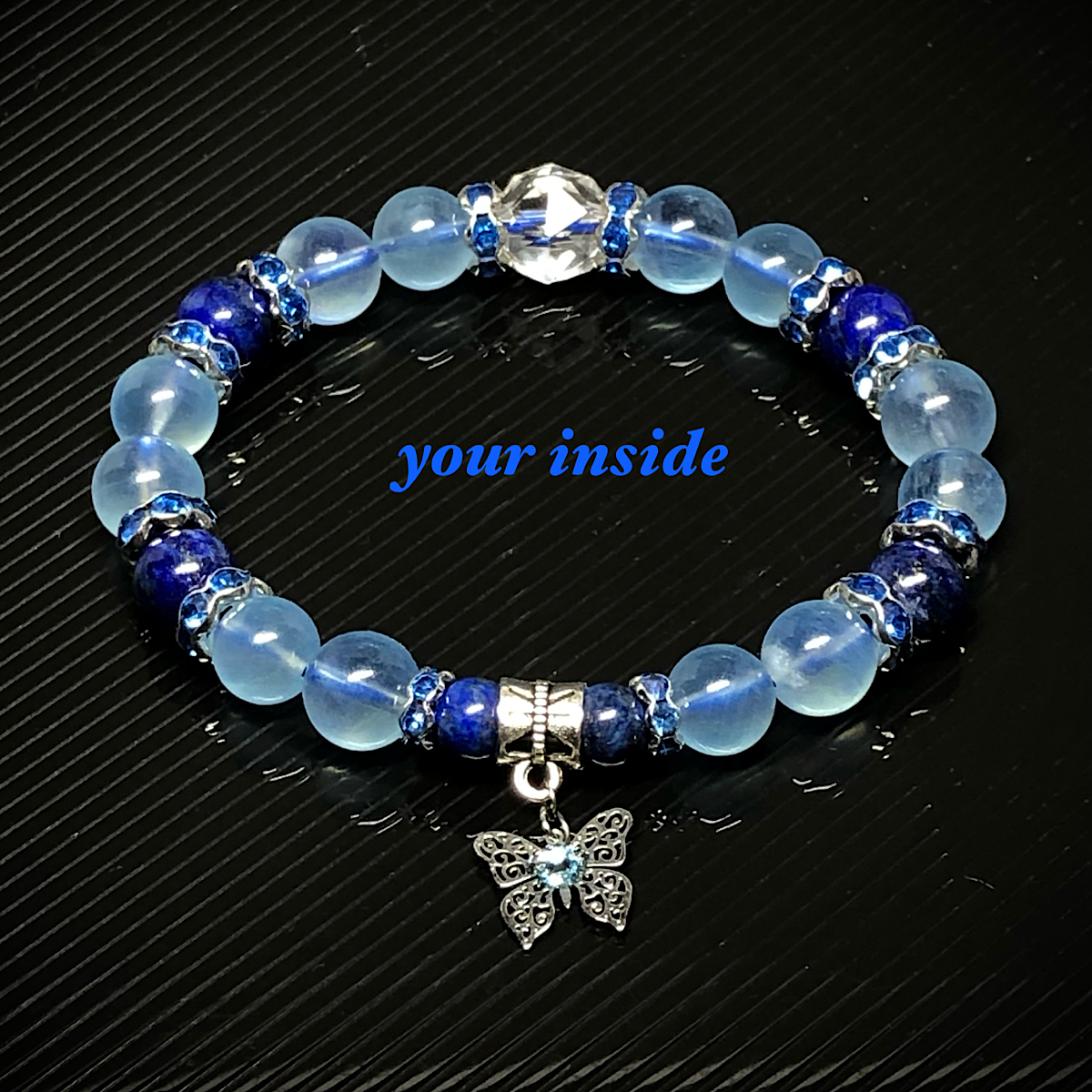 アクアマリン ラピスラズリ デザイン 天然石 蝶々ブレスレット