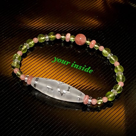 水蓮花天珠型 水晶 インカローズ ペリドット 天然石ブレスレット