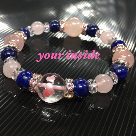 ラピスラズリ ピンク彫りハート柄水晶 天然石ブレスレット