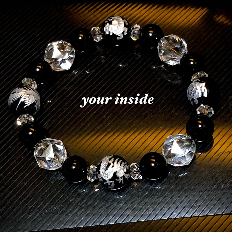 四神獣 オニキス 銀彫り スターカット水晶 天然石ブレスレット