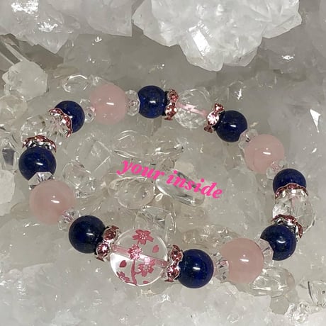 桜 ピンク 彫り 水晶 天然石ブレスレット