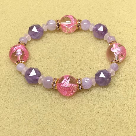 四神獣 水晶 ピンク彫り スターカット ラベンダーアメジスト 天然石ブレスレット