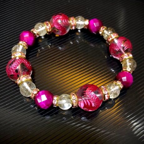 ワインレッド 龍彫り水晶 ルチルクォーツ ピンクタイガーアイ 64面カット 天然石ブレスレット