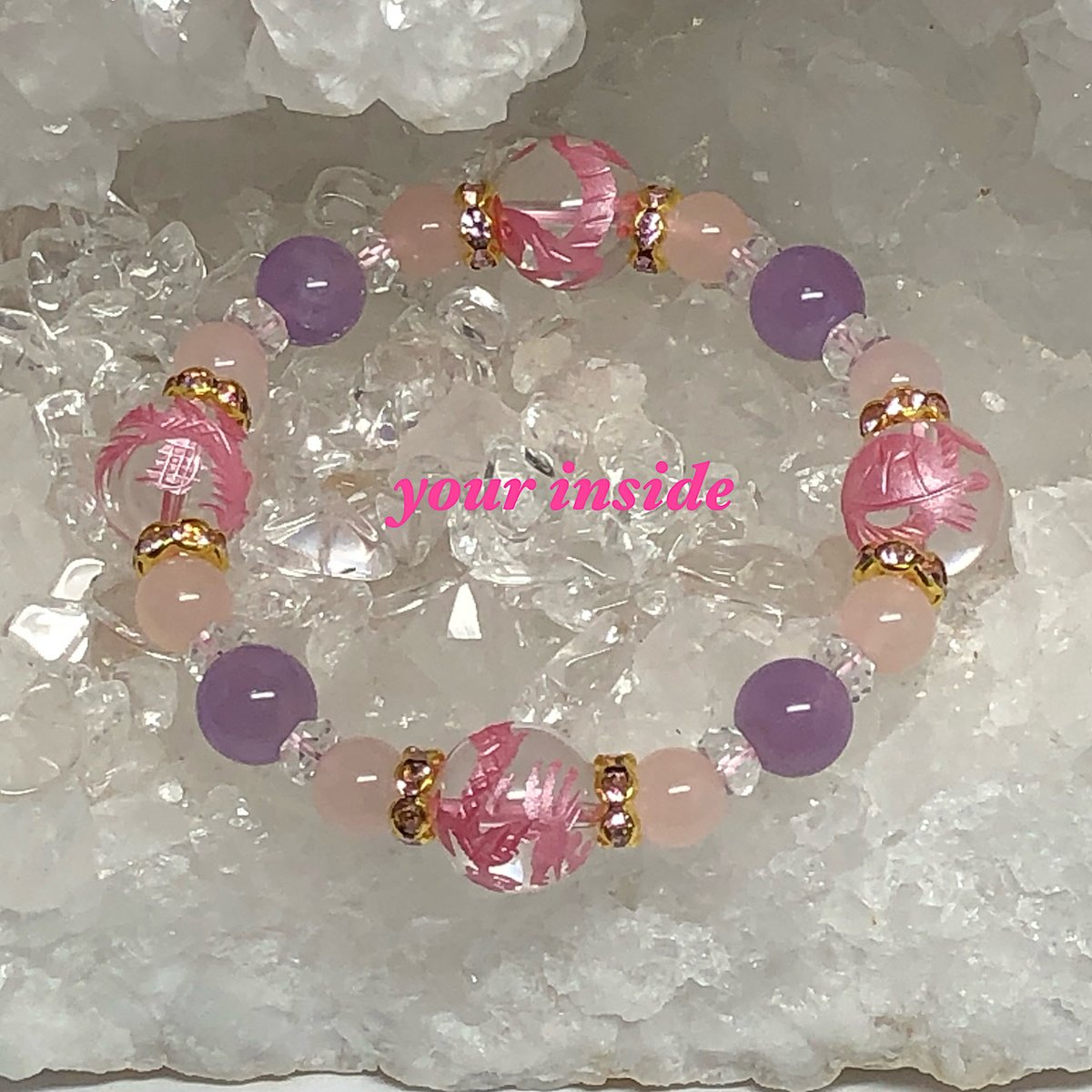 四神獣 水晶 ピンク彫り ラベンダーアメジスト 天然石ブレスレット