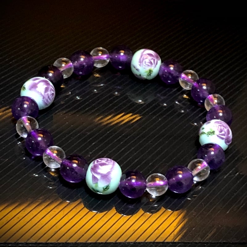 アメジスト トンボ玉 フラワー 天然石ブレスレット | 💎 天然石