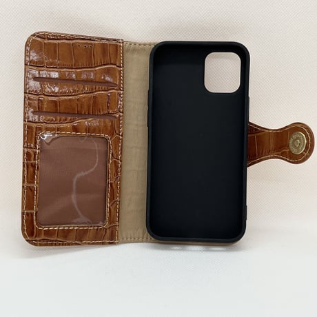 【iPhone12 mini ケース】本革クロコ手帳ケース(キャメル)