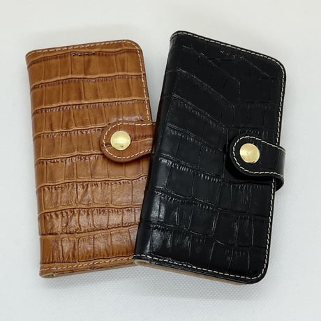 【iPhone12 mini ケース】本革クロコ手帳ケース(キャメル)