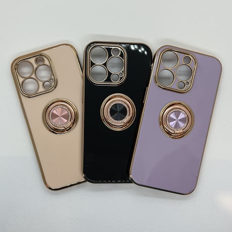 【iPhone13 ケース】メタリックフレームライトストーンリングTPU(ピンク)
