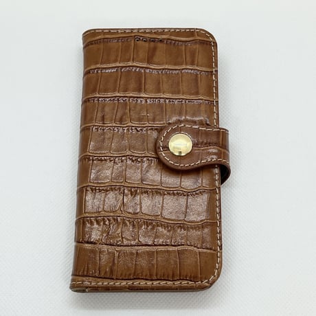 【iPhone12 mini ケース】本革クロコ手帳ケース(キャメル)