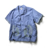 OBEY ／ オベイ　刺繍 コットン リネン 半袖シャツ オープンカラーシャツ ウーブンシャツ ブルー ｜ 春夏　（No.380109）
