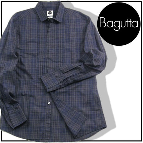 Bagutta / バグッタ　SLIM FIT 長袖 シャツ イタリア製 プリーテッドブザム コットンシャツ テニスカフス チェック柄