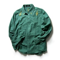 Lamrof ／ ラムロフ　ダブルガーゼ 長袖シャツ 日本製 ウエスタンシャツ 音符 刺繍 グリーン ｜ オールシーズン