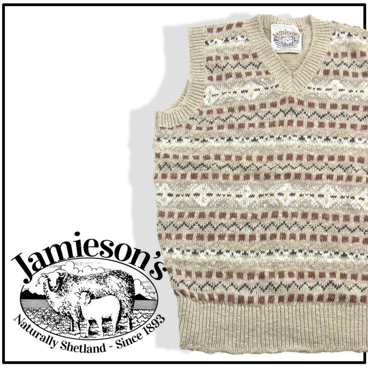 ジャミーソンズオブシェトランド Jamieson's of Shetland ウール ニットベスト ダークグレーxブラック【サイズS】【メンズ】