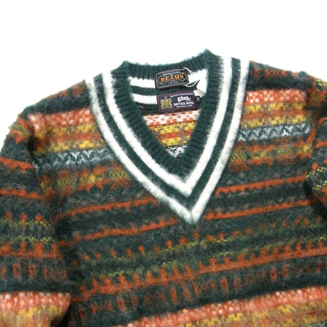 gim × BEAMS PLUS ／ ジム × ビームスプラス　英国政府公認 ブリティッシュウール シャギー Vネック ニット 日本製 フェアアイル柄 セーター ｜ 秋冬　（No.370997）